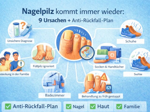 Nagelpilz kommt immer wieder: 9 Ursachen + Anti-Rückfall-Plan (Schuhe, Socken, Bad, Familie)