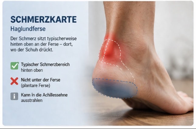 Schmerzkarte: Haglundferse sitzt hinten oben (nicht unter der Ferse).