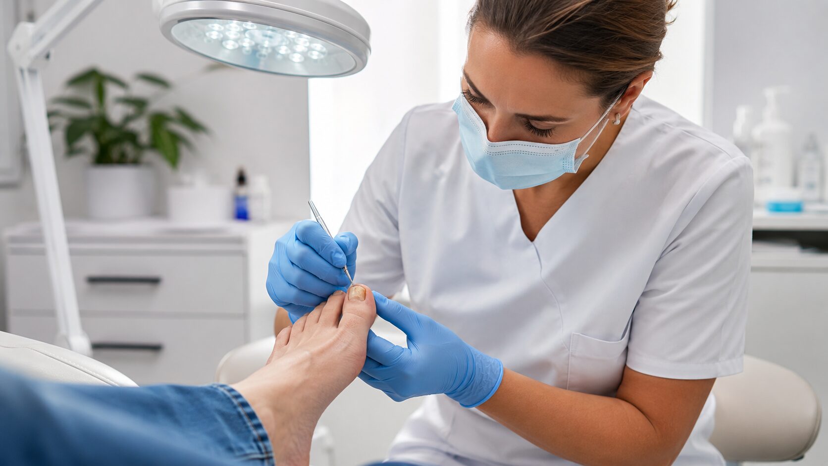 Podologische Behandlung eines verdickten oder verfärbten Zehennagels in einer modernen Praxis