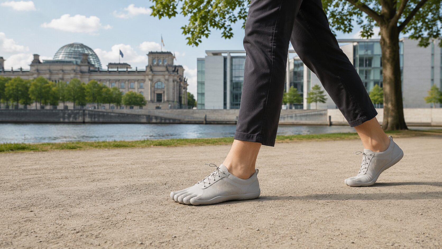 Frau läuft in Barfußschuhen durch Berlin