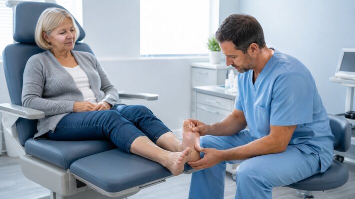 Podologin untersucht einen schmerzenden Fuß bei Arthrose