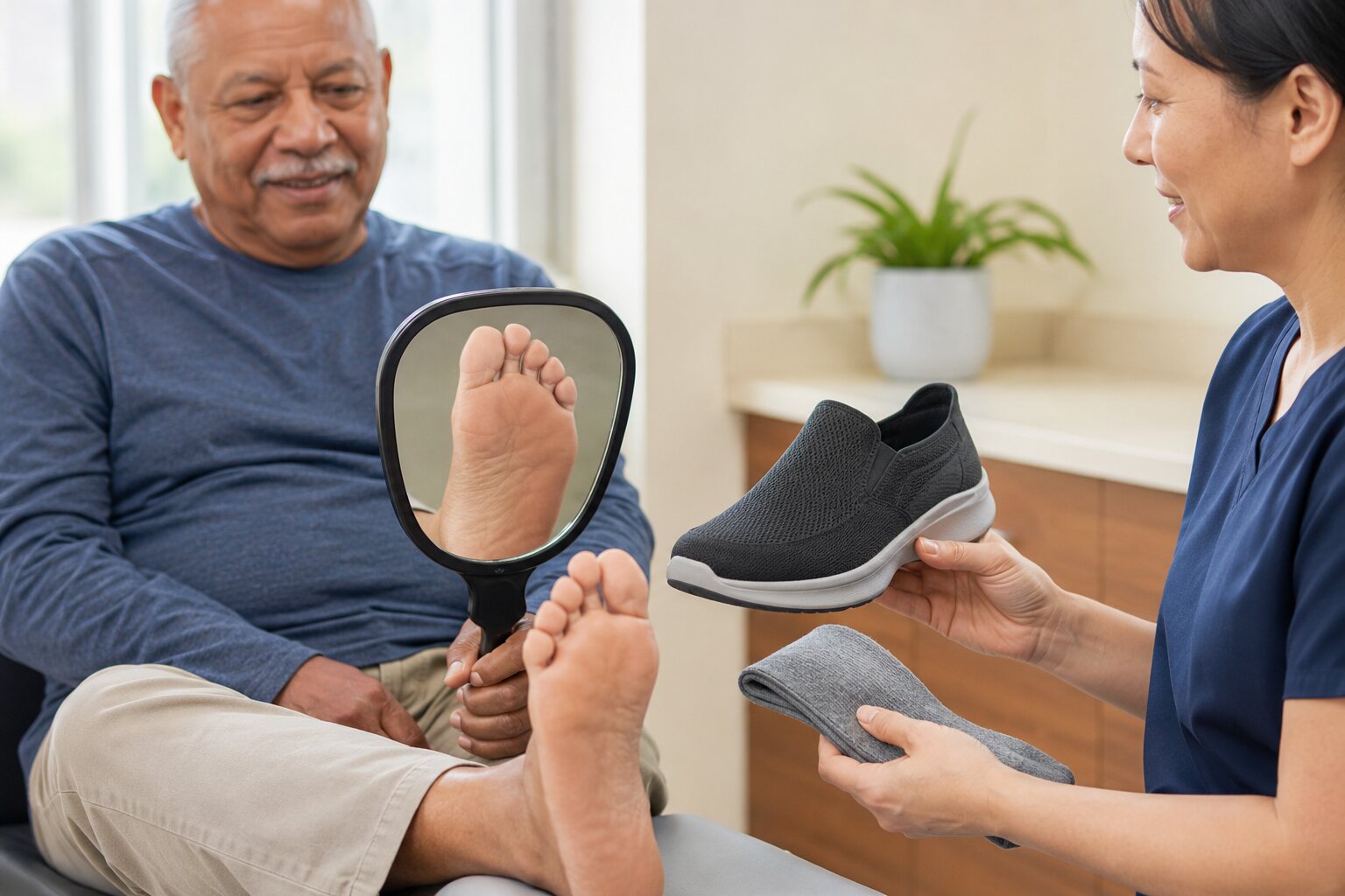 Tägliche Fußkontrolle mit Spiegel und Beratung zu diabetikergerechten Schuhen
