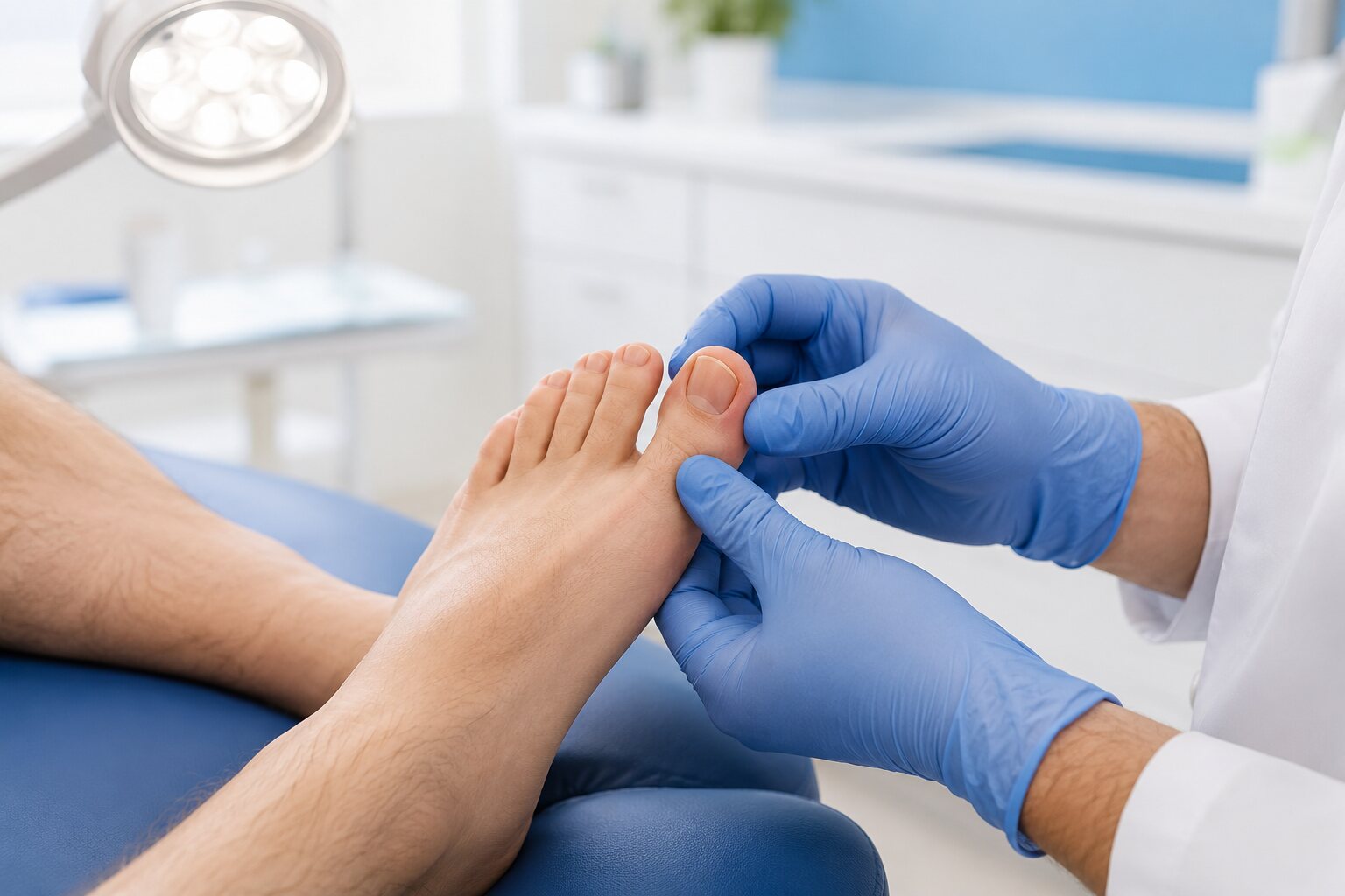 Podologin prüft den entzündeten Nagelrand eines eingewachsenen Zehennagels