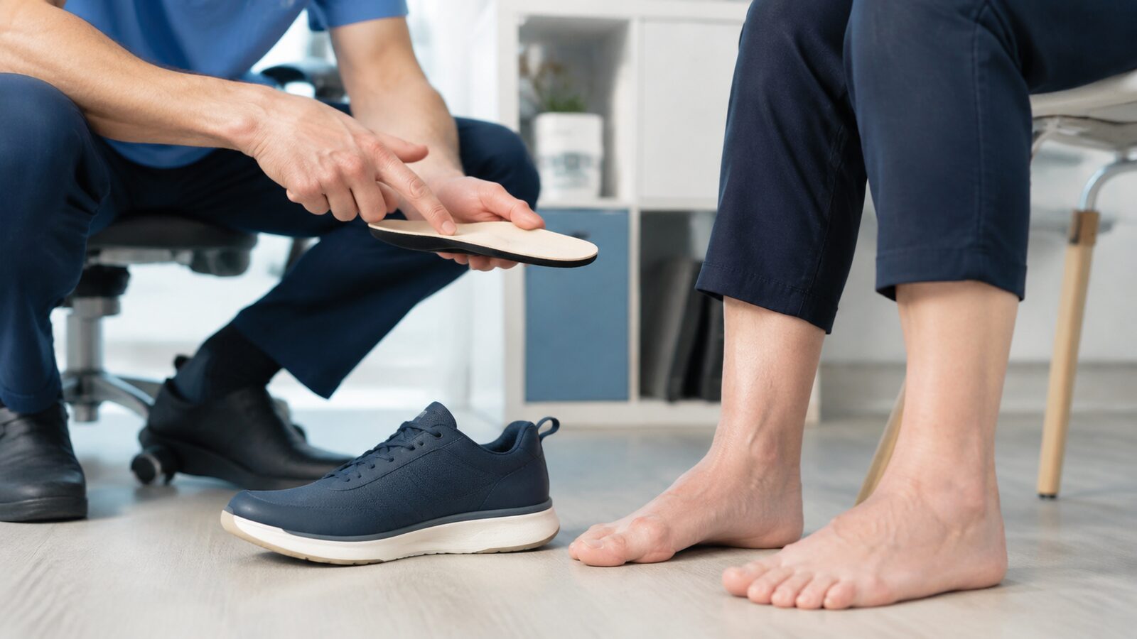 Eine Person zeigt eine helle Einlegesohle neben einem blauen Schuh und zwei nackten Füßen.