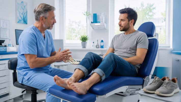 Podologin berät einen Patienten mit anhaltendem Fußgeruch