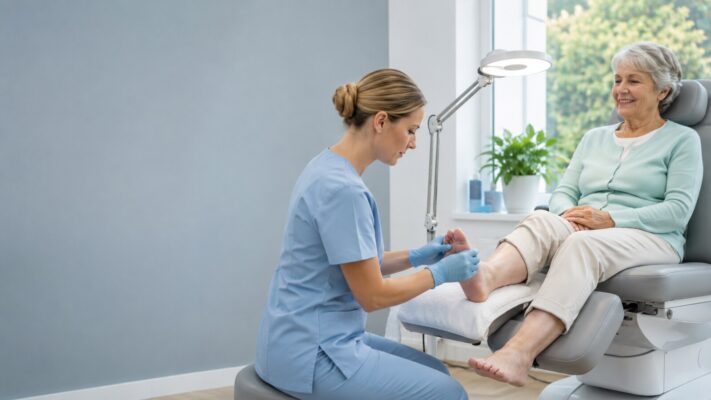 Podologin behandelt sorgfältig die Füße einer älteren Patientin