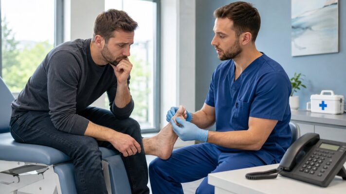Podologe beurteilt akute Fußbeschwerden eines Patienten in Berlin
