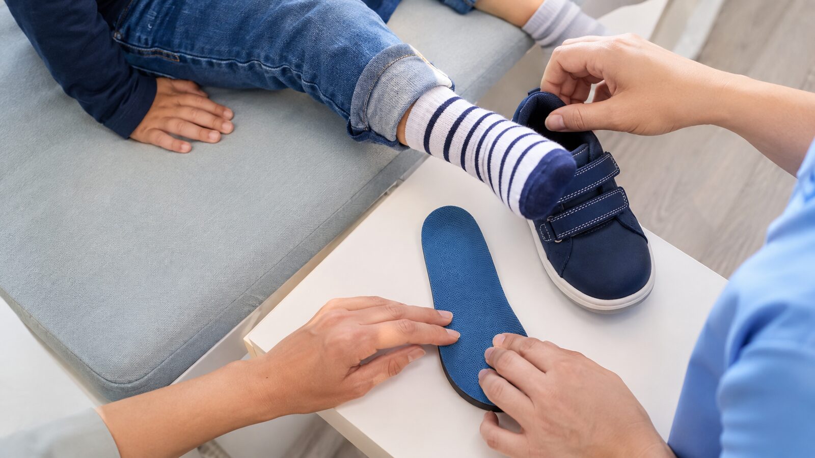 Eltern prüfen die Passform eines Kinderschuhs