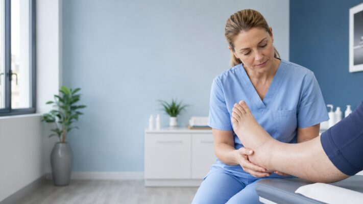 Podologin untersucht vorsichtig einen geschwollenen Fuß bei Lymphödem