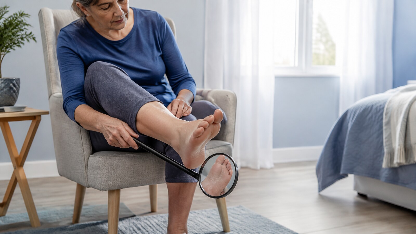 Sorgfältige tägliche Kontrolle eines geschwollenen Fußes bei Lymphödem