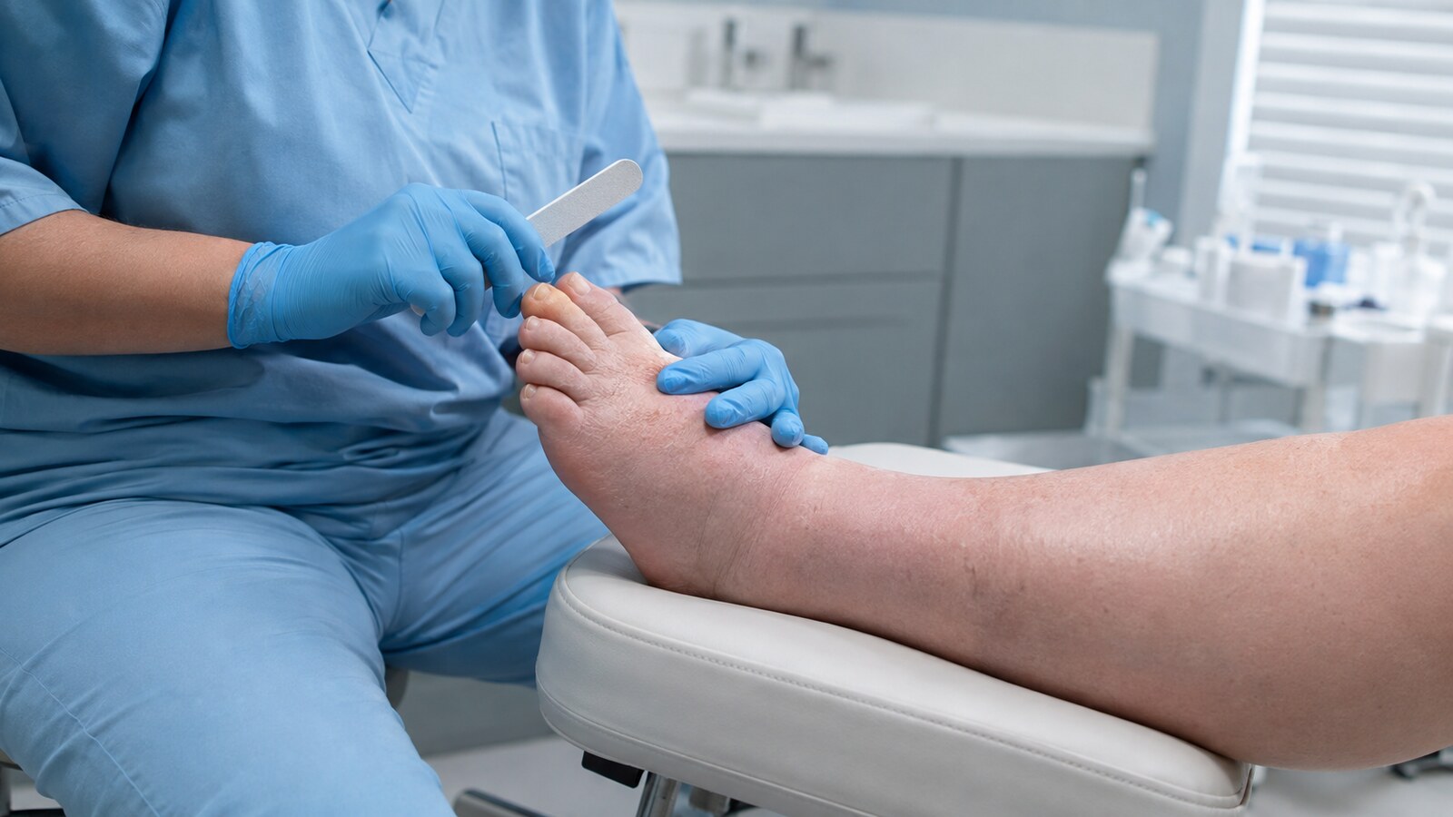 Schonende podologische Fußpflege bei einem Patienten mit Lymphödem