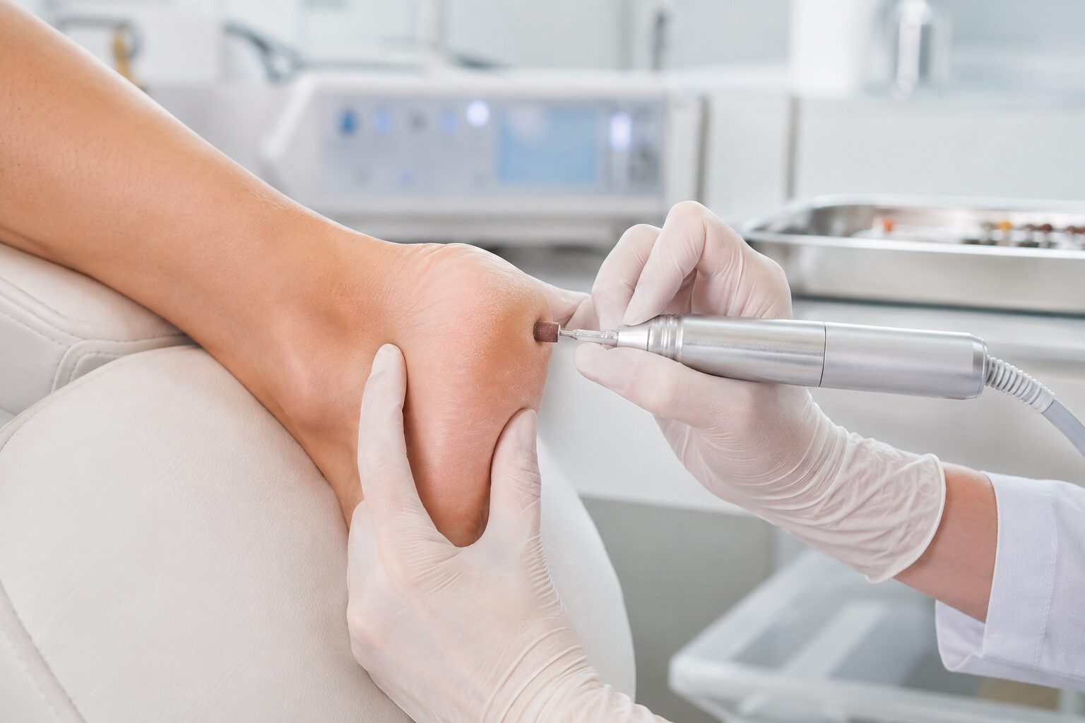 Professionelle Hornhautbehandlung bei einer medizinischen Fußpflege
