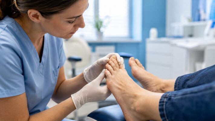 Podologin untersucht einen verdickten Zehennagel bei Verdacht auf Nagelpilz
