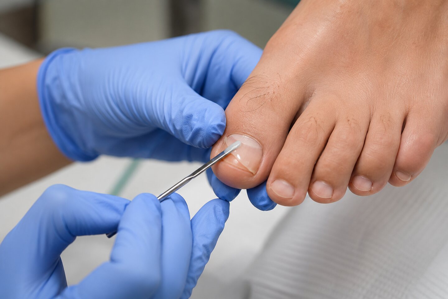 Podologin trägt Material für eine Teilnagelprothetik präzise auf den Großzehennagel auf