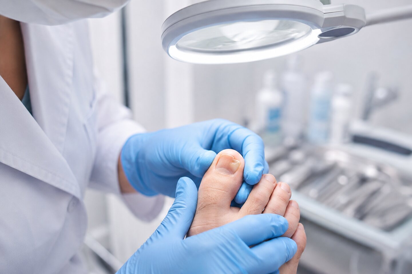 Podologische Untersuchung eines teilweise beschädigten Großzehennagels vor Nagelprothetik