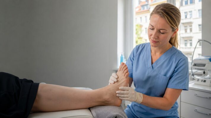Podologin untersucht den Fuß einer Patientin in einer hellen Berliner Praxis