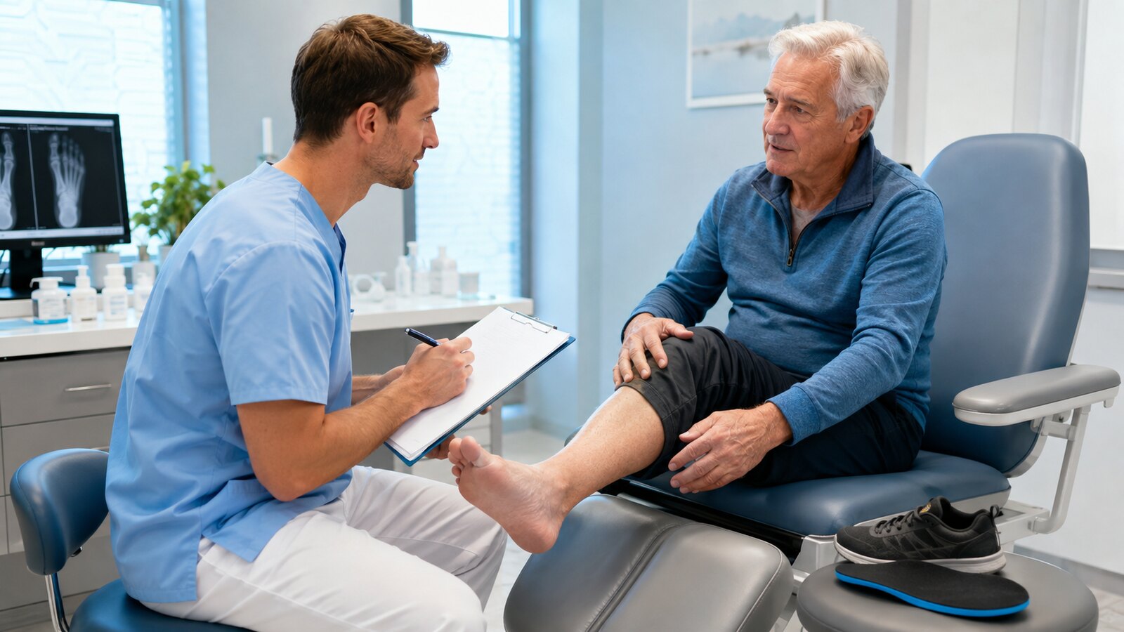Podologische Fußuntersuchung bei einem Menschen mit Parkinson