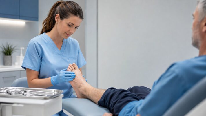 Podologin untersucht vorsichtig den Fuß eines Patienten mit pAVK