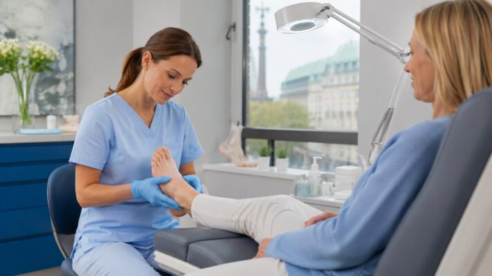 Patientin aus Berlin-Wilmersdorf bei einer podologischen Behandlung in Charlottenburg