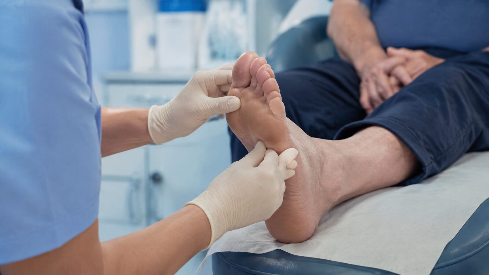 Sorgfältige Kontrolle eines gefährdeten Fußes in der Podologie