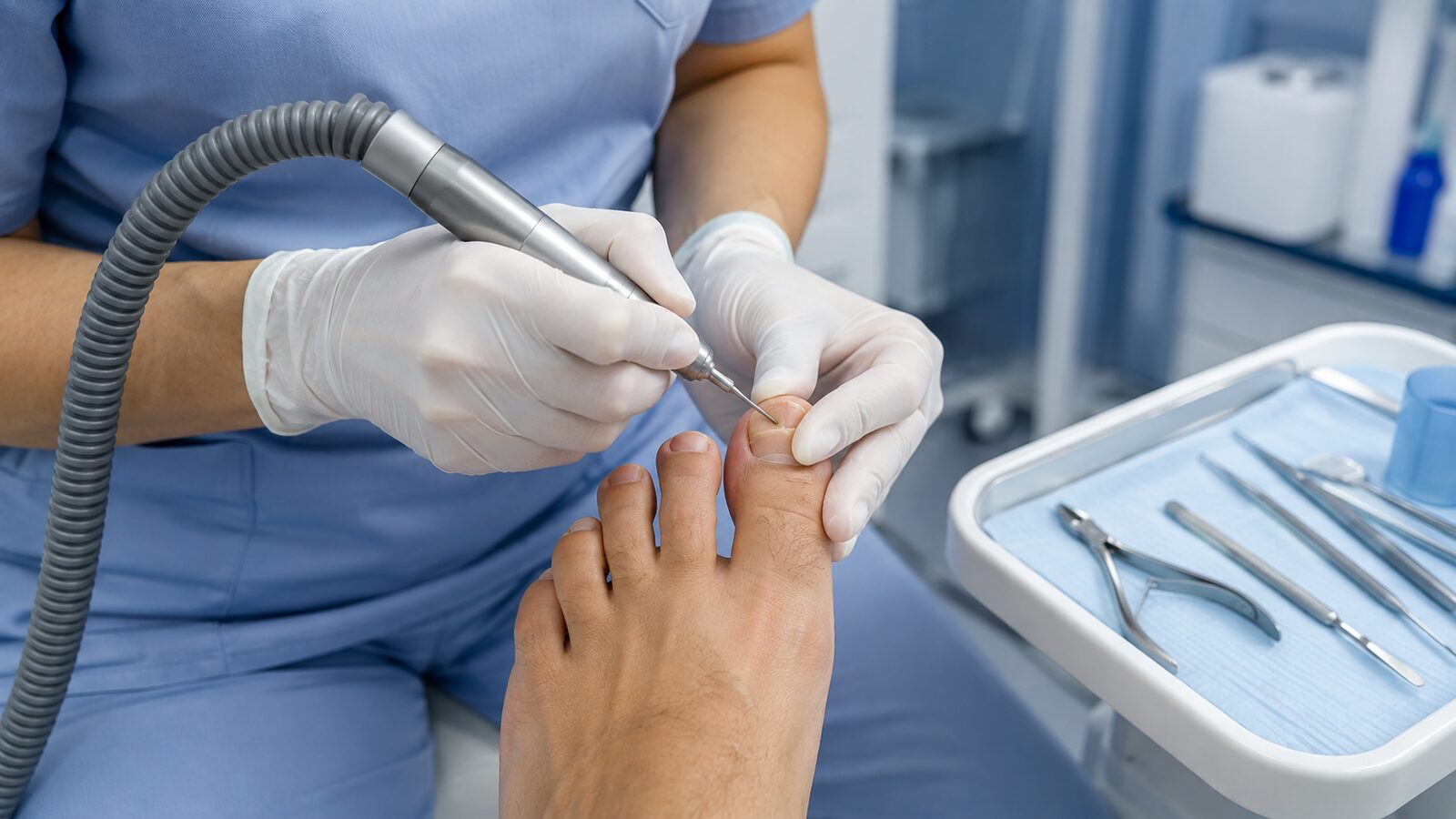 Schonende podologische Reduktion eines verdickten Nagels bei Nagelpilz