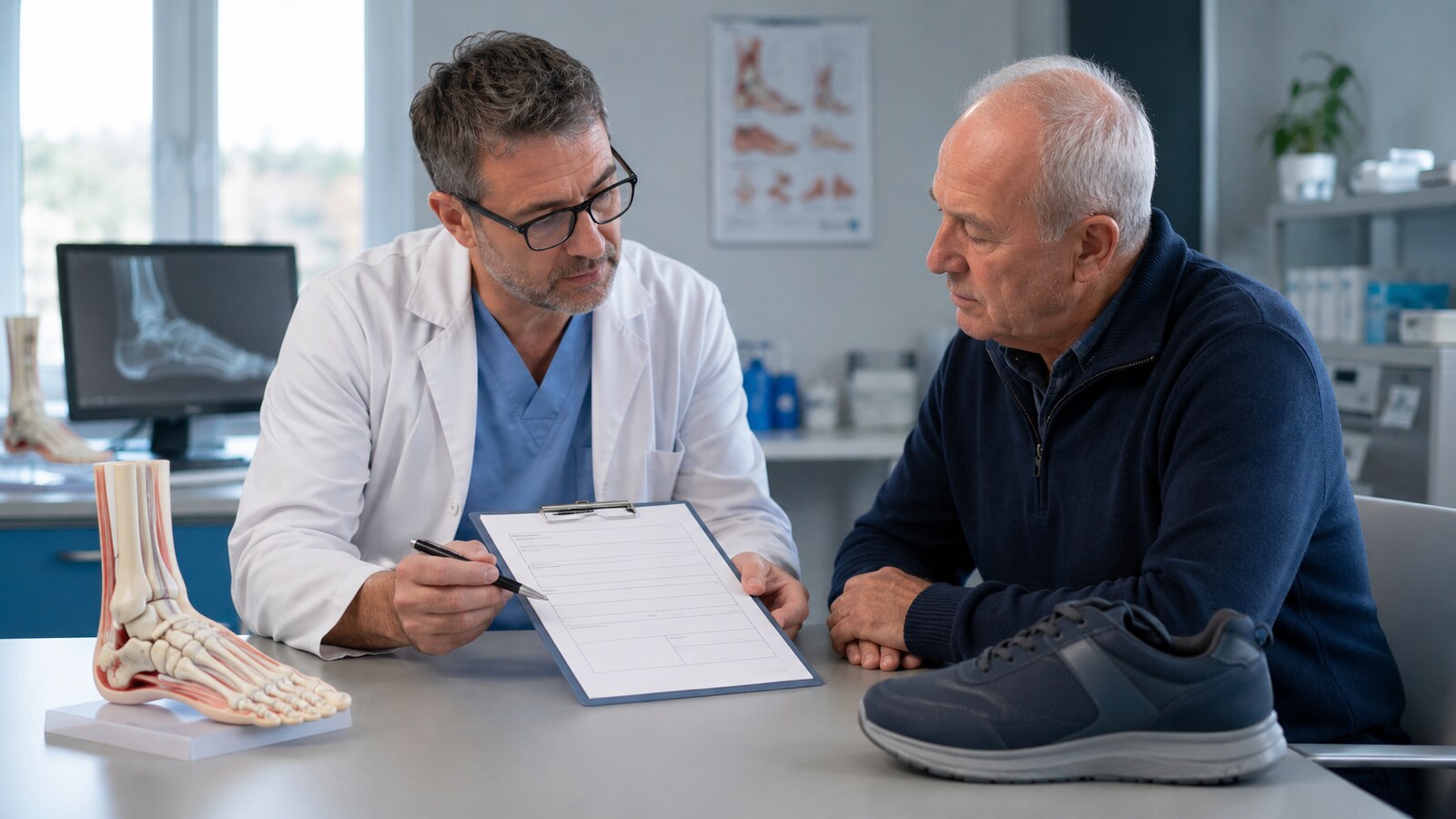 Arzt und Patient besprechen eine Heilmittelverordnung für Podologie bei Polyneuropathie