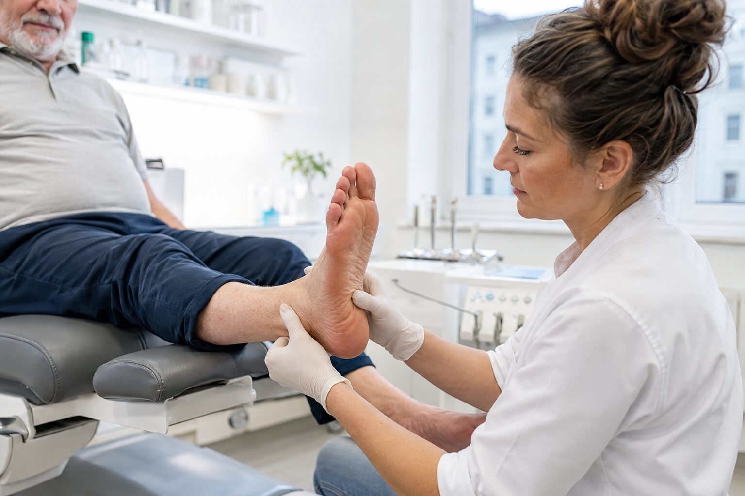 Podologische Untersuchung der Fußsohle eines älteren Patienten in der Praxis