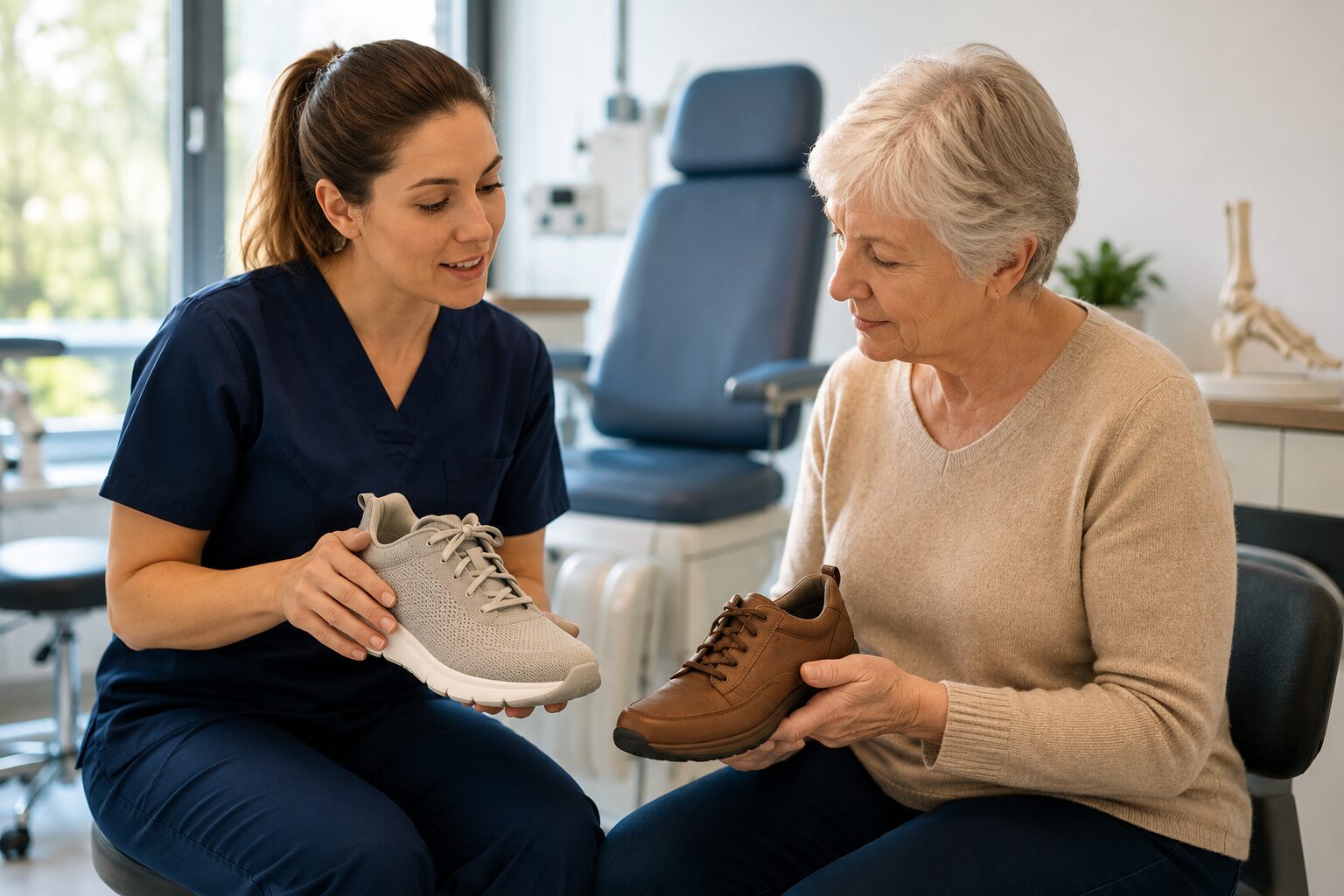 Podologin berät eine ältere Patientin zu passenden Schuhen mit breiter Zehenbox