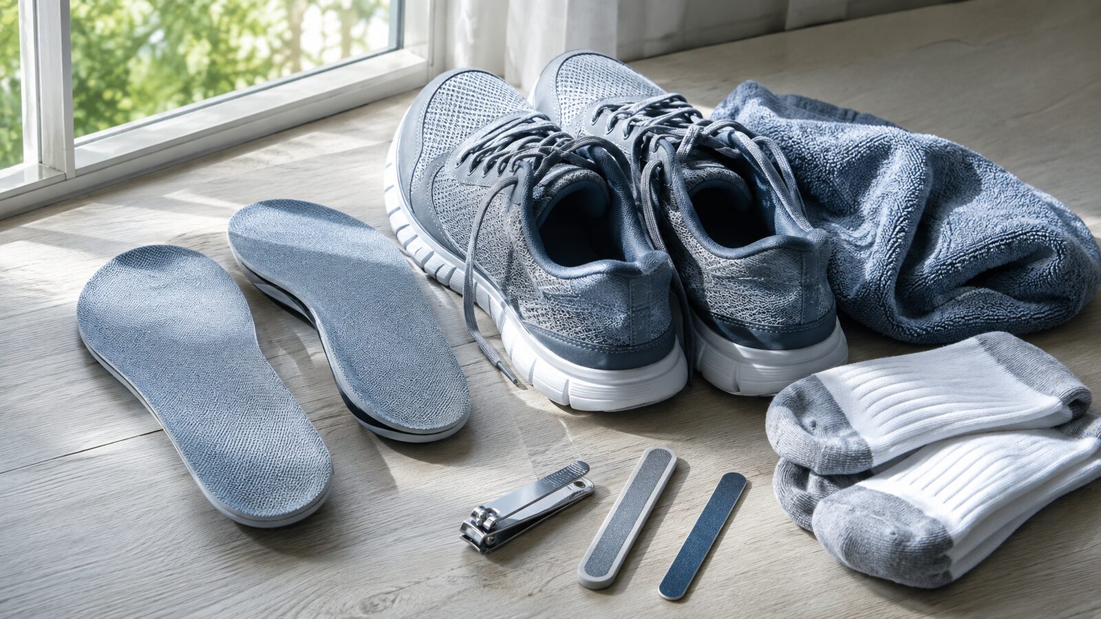 Trockene Schuhe, frische Socken und getrennte Instrumente zur Vorbeugung von Nagelpilz