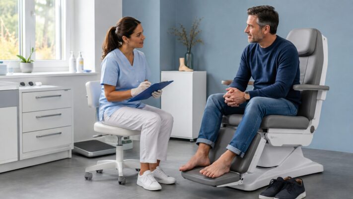Podologe bespricht Fußbeschwerden und Behandlungsmöglichkeiten mit einer Patientin