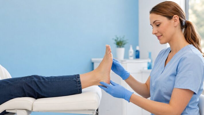 Podologin untersucht professionell den Fuß eines Patienten