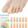 Promifun Silikon-Zehenschutz – 12 beige Zehenhülsen mit Verpackung und Anwendungsbeispiel